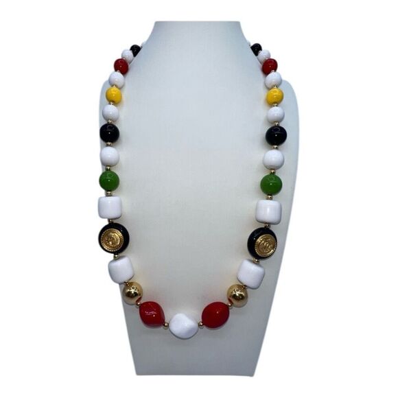 Liz Claiborne Beaded Bib Necklace Gold Tone Multicolor Long Nautical  Crest - Picture 1 of 6